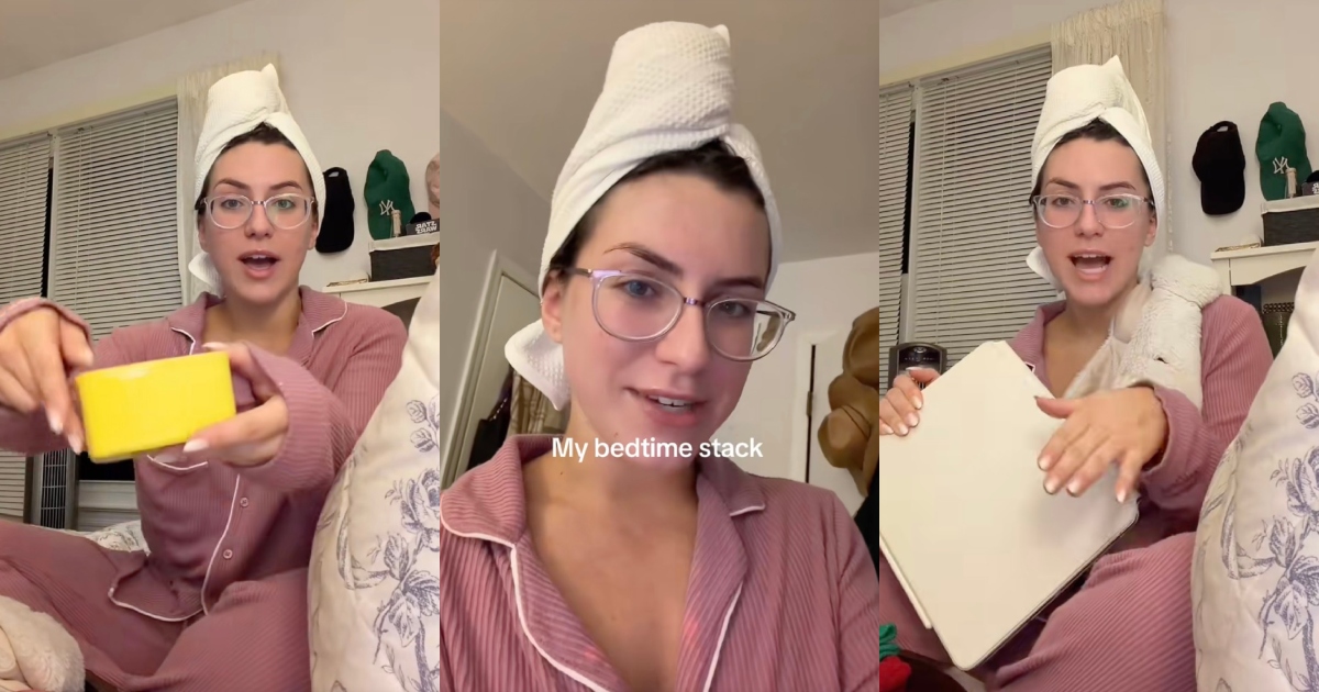 A Woman Shared the Cozy Hotel Inspired Nighttime Routine She Loves Bringing Home woman and her bedtime stack