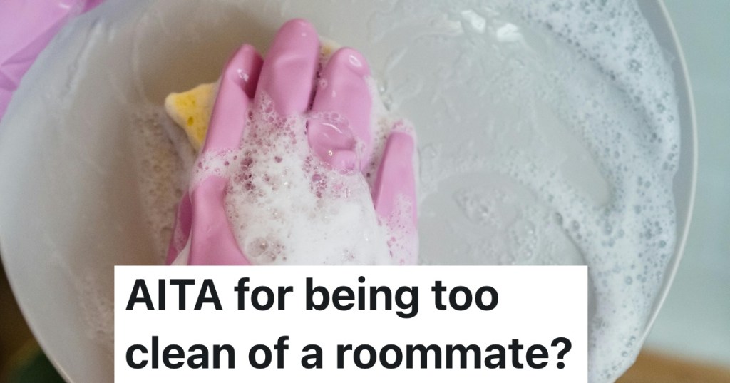 closeup of person cleaning dishes in pink gloves with a yellow sponge