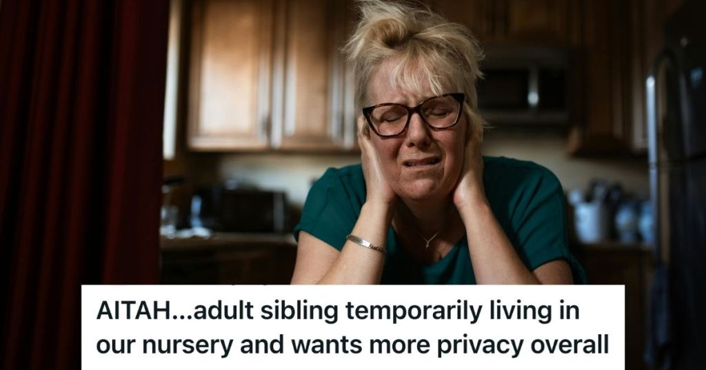 distressed woman with hands over head