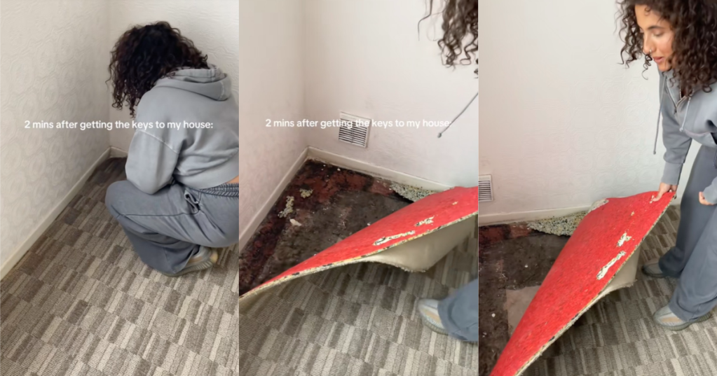 woman pulling up carpet