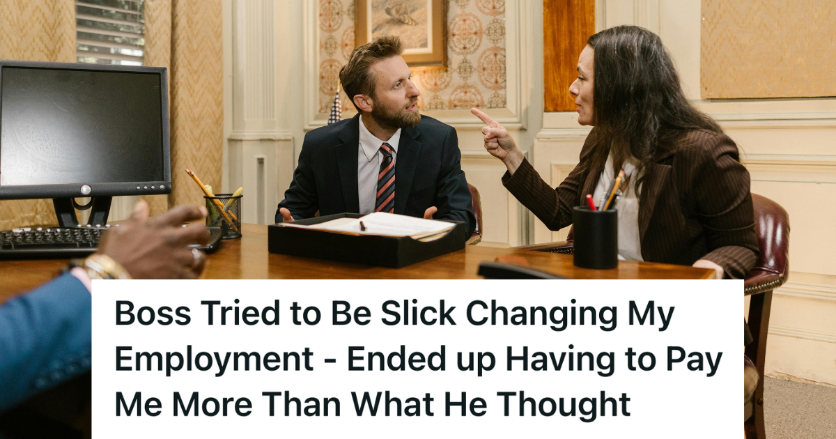 Legal Assistant Was Labeled Nonessential And Had Her Pay Slashed By A Rushed Contract, So She Used His Own Fine Print To Lock In Her Hours And Secure Every Dollar Owed man and woman arguing in a law firm