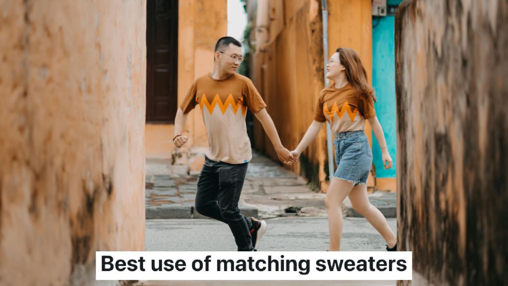 couple running in matching shirts