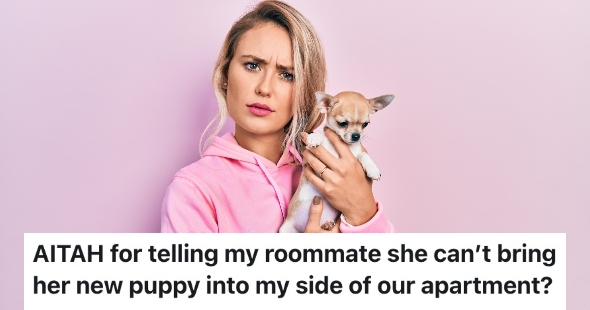 A Womans Roommate Wants Her To Spend Time With Her Puppy When Shes Not There, But She Refused Because Shes Allergic To Dogs woman holding a puppy