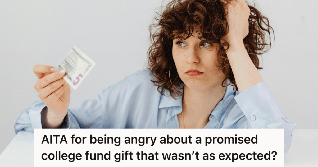 stressed woman looking at five dollar bill