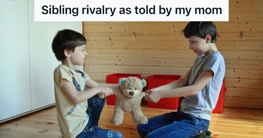 two boys fighting over a stuffed animal