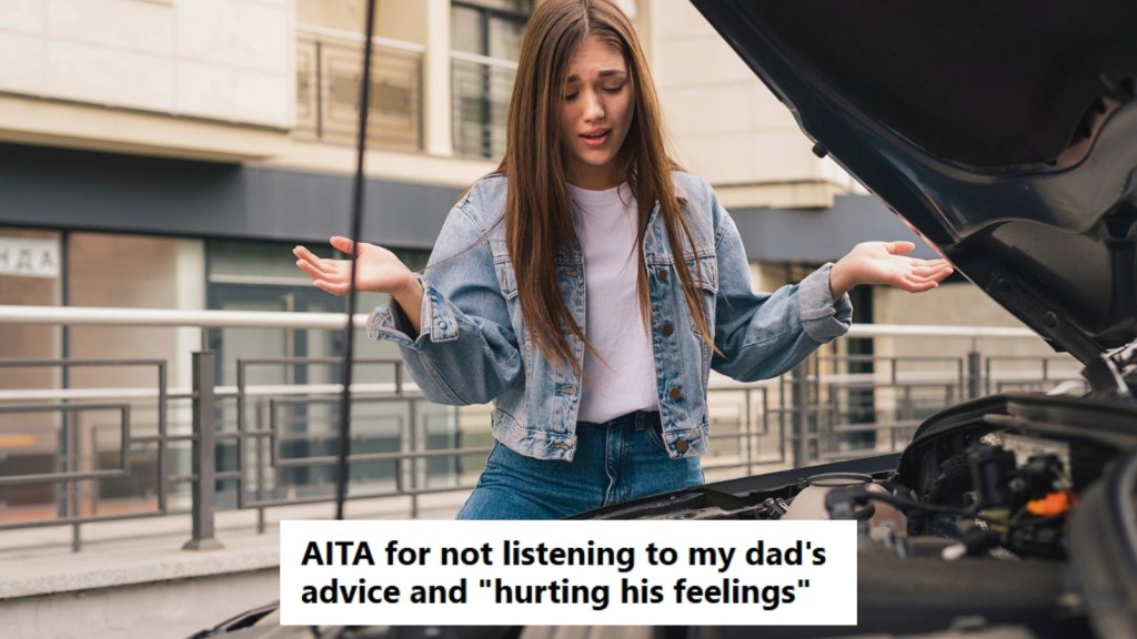Woman looking at broken car