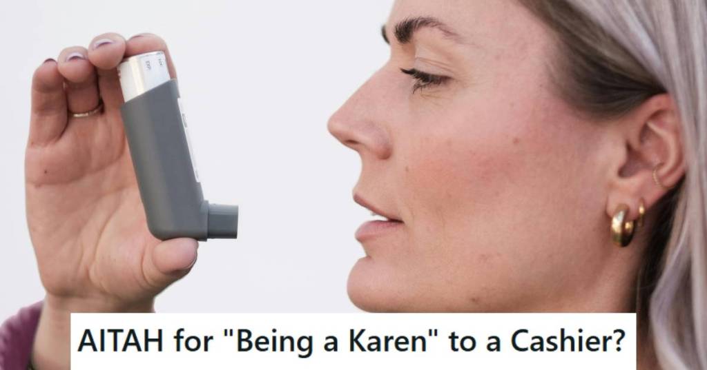 Woman with asthma getting ready to take a puff from her rescue inhaler