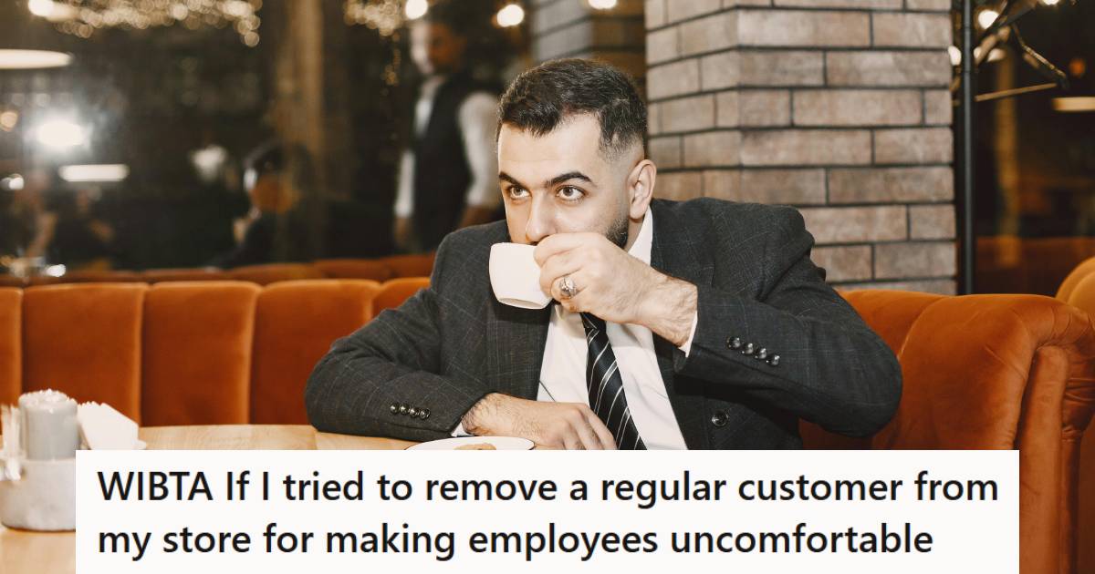 Man sitting at a table, staring at employees and customers