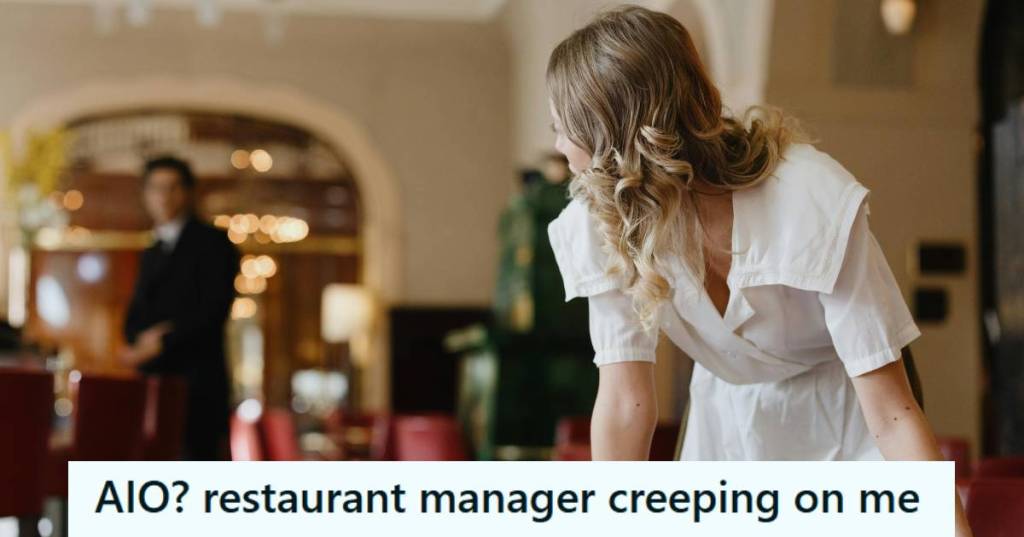 Waitress looking back at a male manager who is creepy