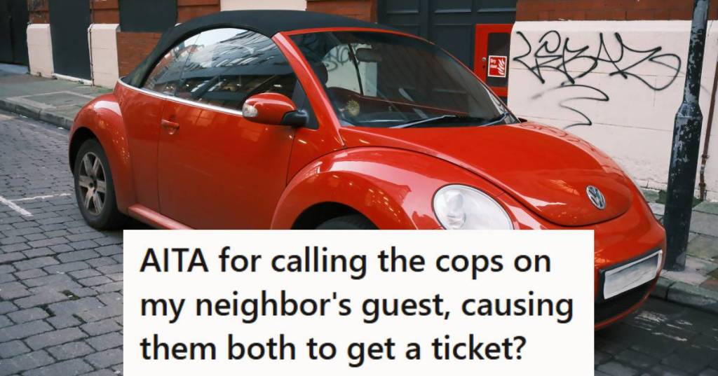 Red convertible Volkswagen Bug, illegally parked