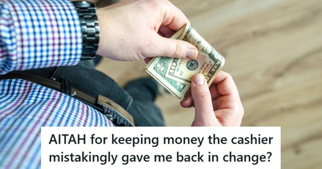 Man in plaid shirt counting is change from a cashier