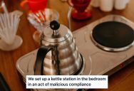 Their Roommate Claimed A Kitchen Worktop As Her Space, So These Women Cleverly Set Up the Kettle Station In The Bedroom Out Of Their Roommate’s Reach