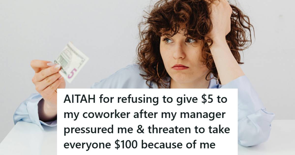 Woman sitting at a table, looking at a $5