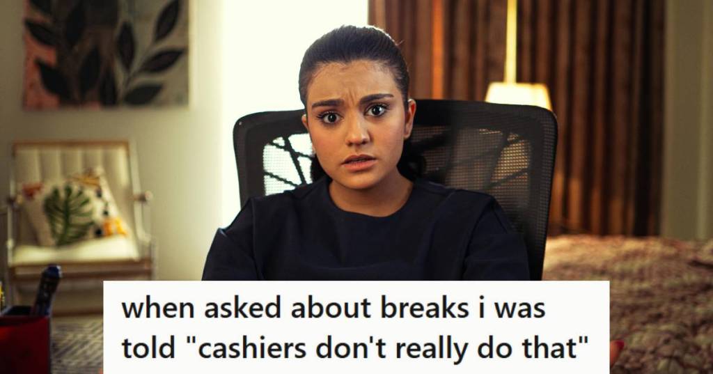 Woman looking at the camera, shocked over no breaks