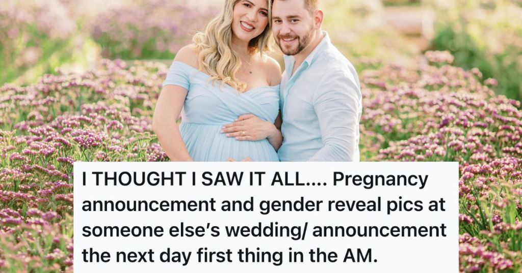 Pregnant couple in blue posing in front of a garden