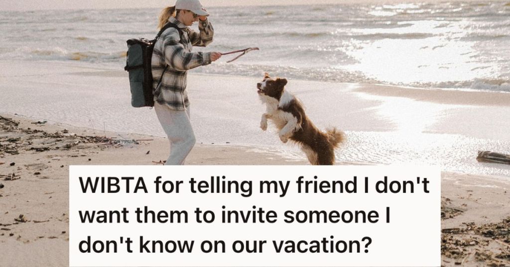 Woman with backpack playing with a dog on the beach