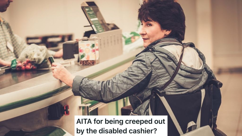cashier in a wheel chair