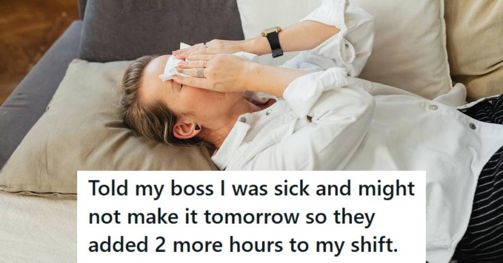 Woman sick and crying on a couch because of her boss