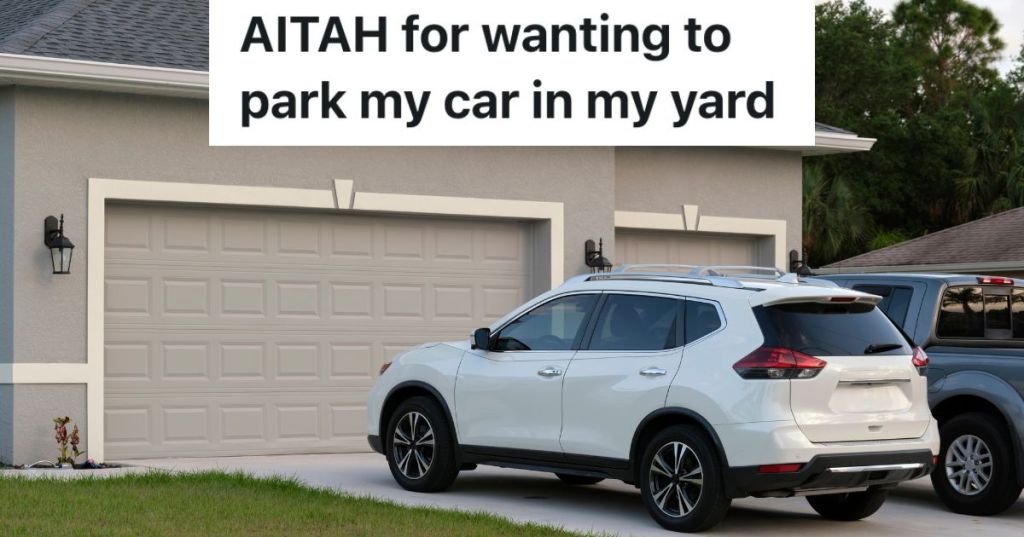 two cars parked in driveway in front of garage