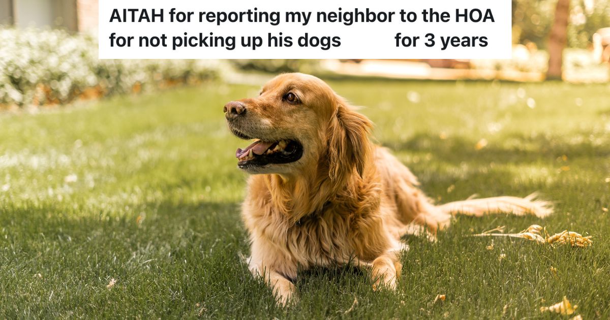 Man Is Upset That His Neighbors Dog Uses His Yard As A Restroom, So He Reports The Neighbor To The HOA, Resulting In The Neighbor Badmouthing Him On Facebook golden retriever dog laying down in front yard