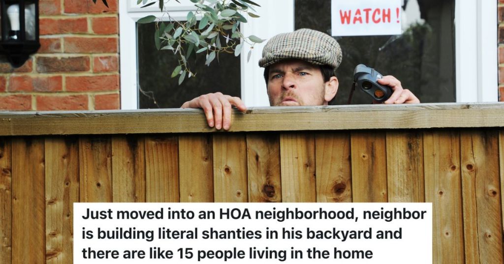 nosey man looking over fence at neighbor's yard