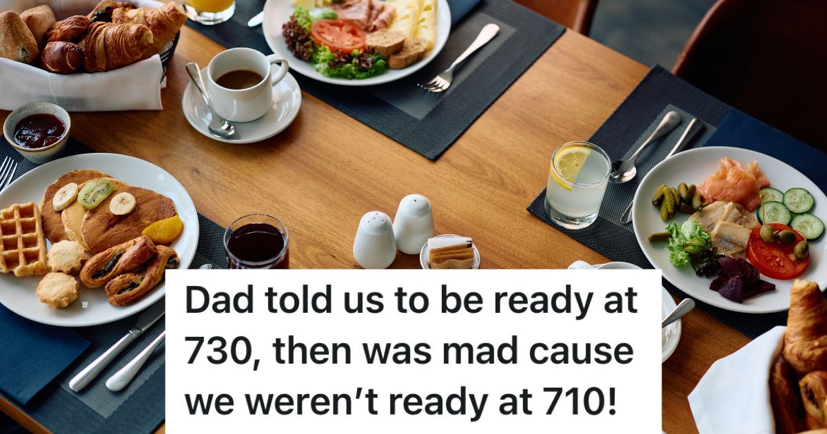 Family Agrees To Meet At A Restaurant For Breakfast At 7:30 A.M., But Dad Was Upset That He Was The Only One Ready 20 Minutes Early overhead shot of restaurant table with breakfast items on plates