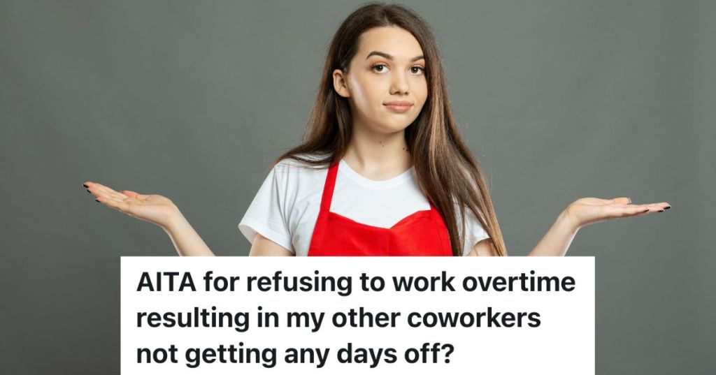 young woman in white shirt and red apron shrugging