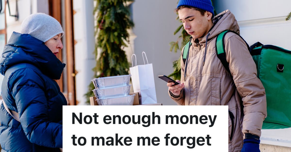 pizza delivery guy giving order to woman outside in the winter