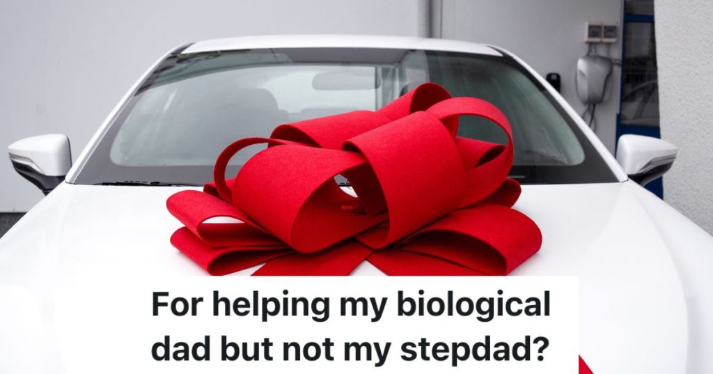 white car with a red bow on it