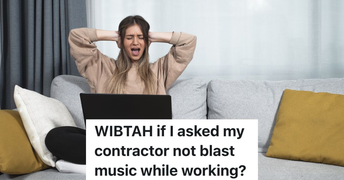 woman covering ears while sitting on couch with laptop