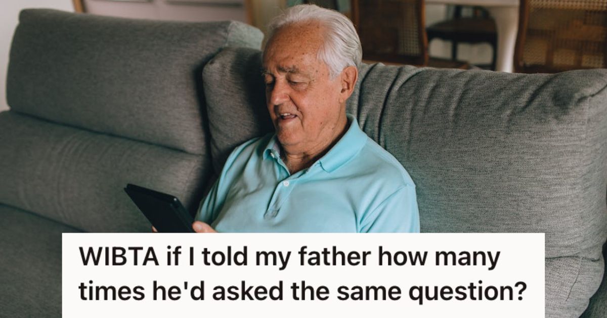 Old man smiling while looking at a tablet