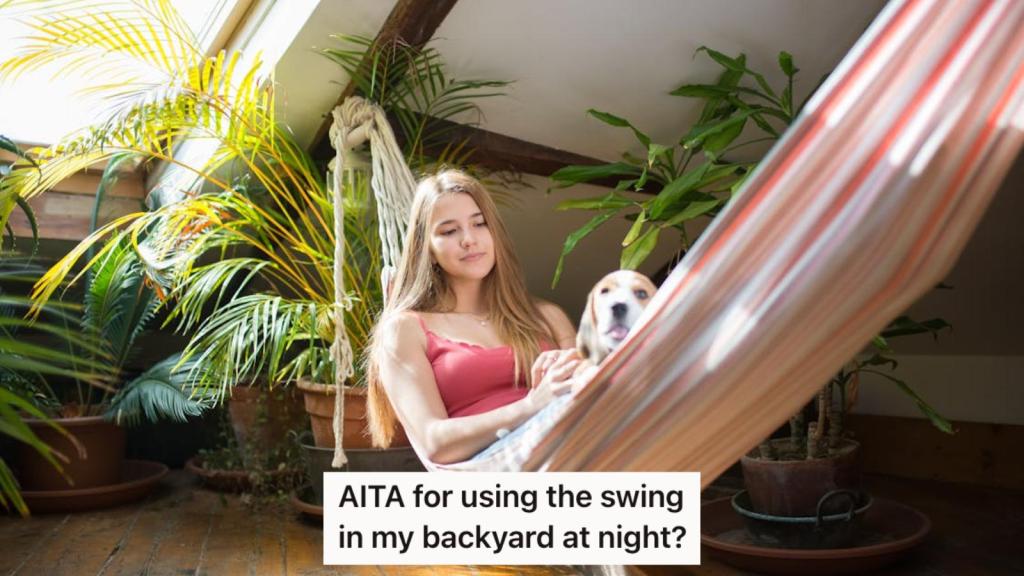 Woman and her dog sitting on a hammock