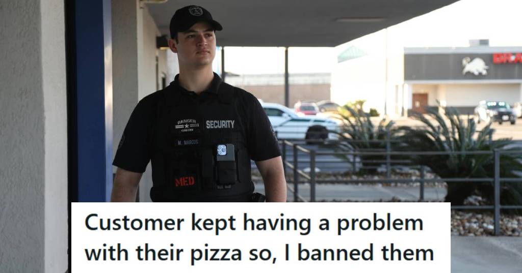 Security guard making his way to the pizza stand