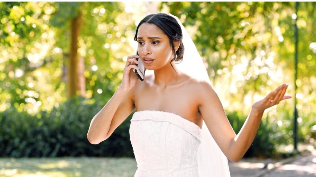 annoyed bride on the phone