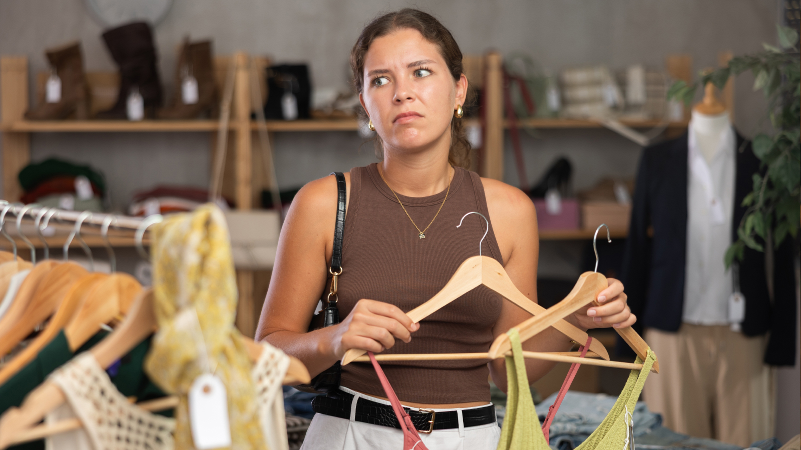 A shopper at a clothing store looking unhappy
