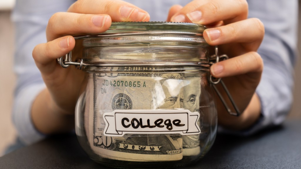 A jar of cash labeled "college"