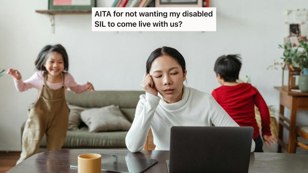 exhausted mother with kids running behind her