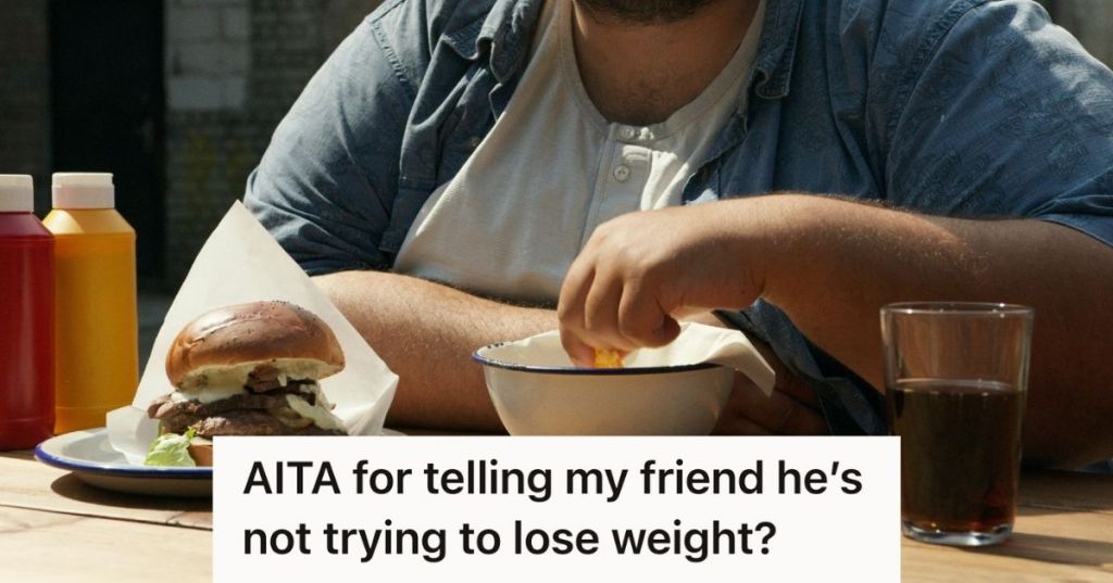 overweight man eating burger and fries