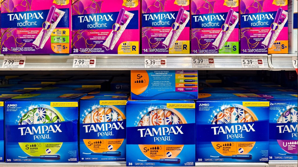 Feminine hygiene products on a store shelf