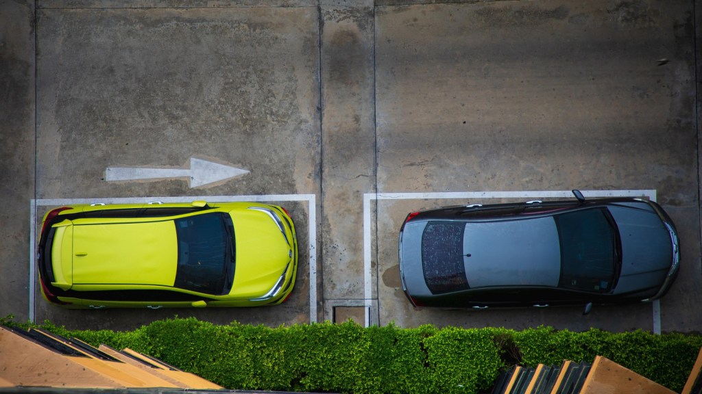 An overhead view of two parked cars