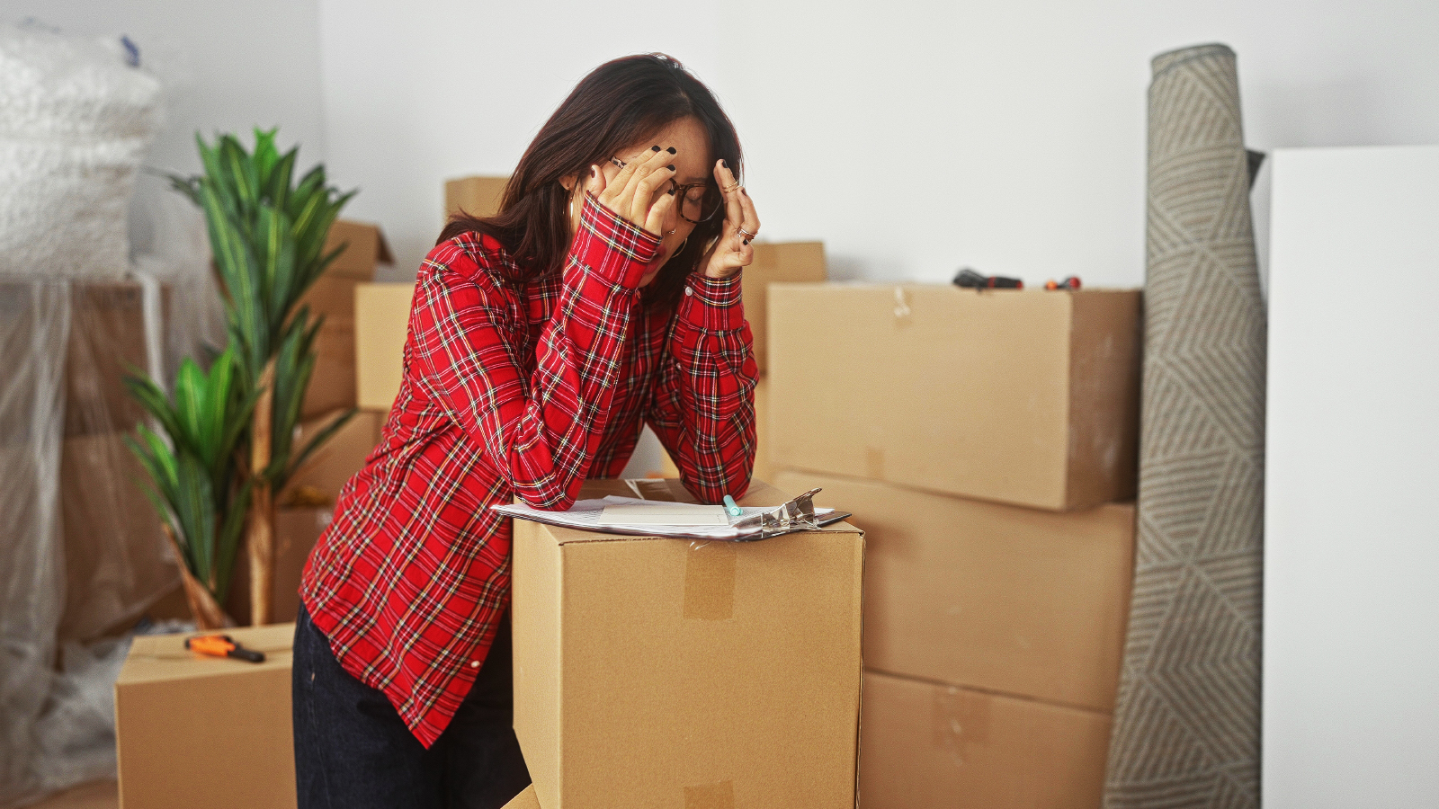 A stressed woman with moving boxes