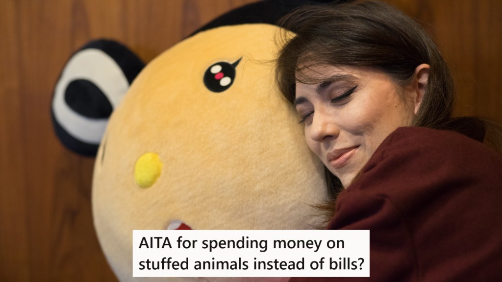 A woman with a large stuffed animal