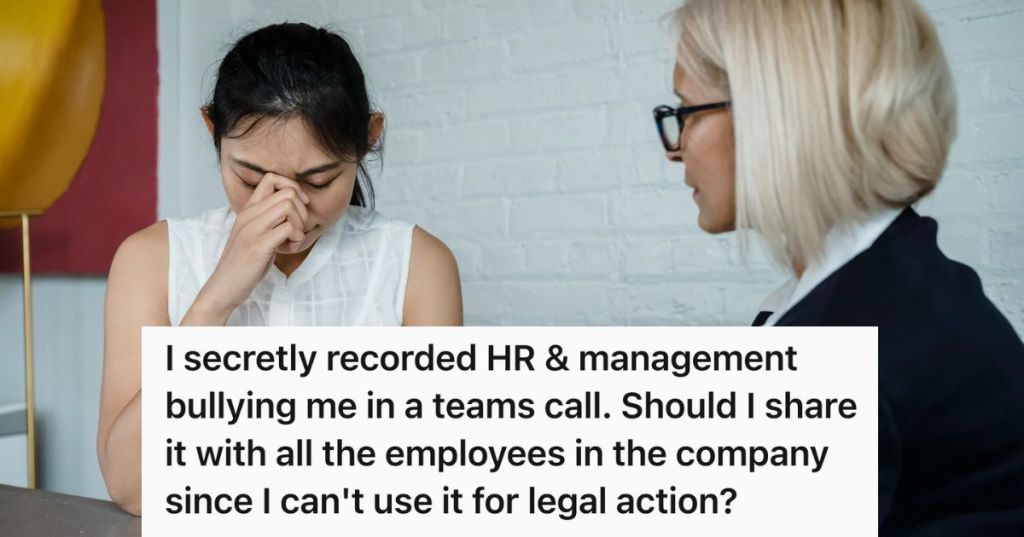 upset professional woman speaking with HR