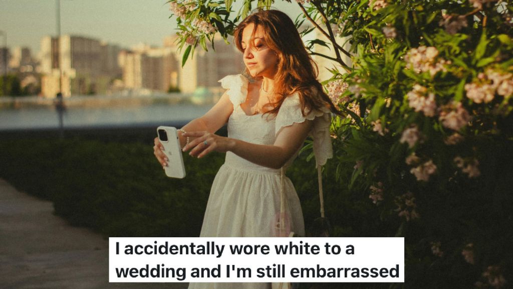 woman taking a selfie in a white dress