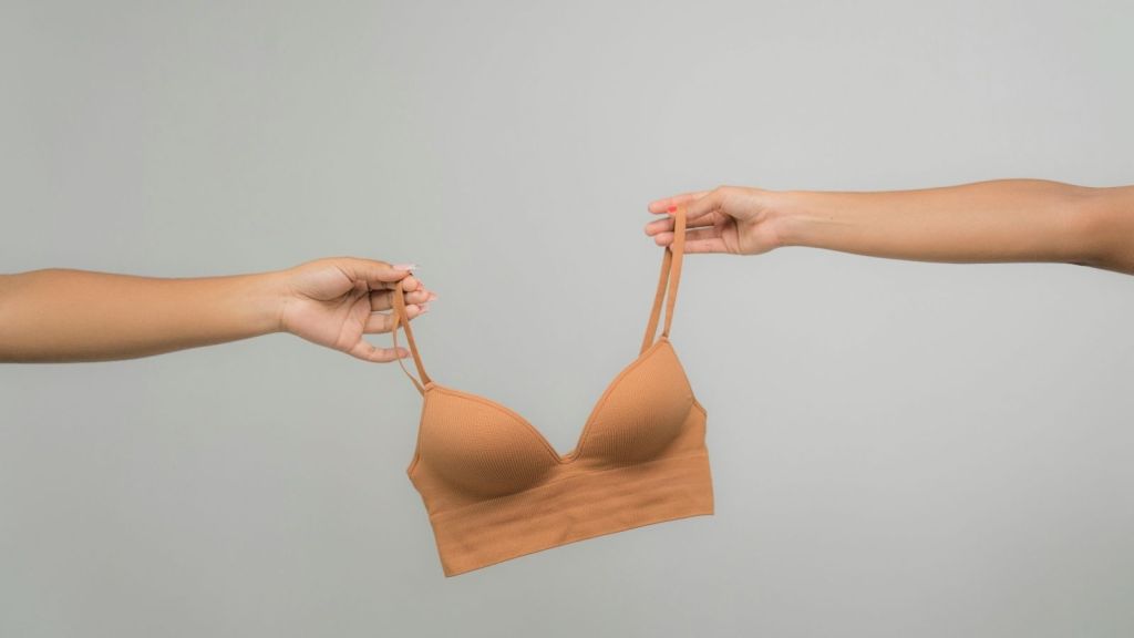 Two hands holding a bra