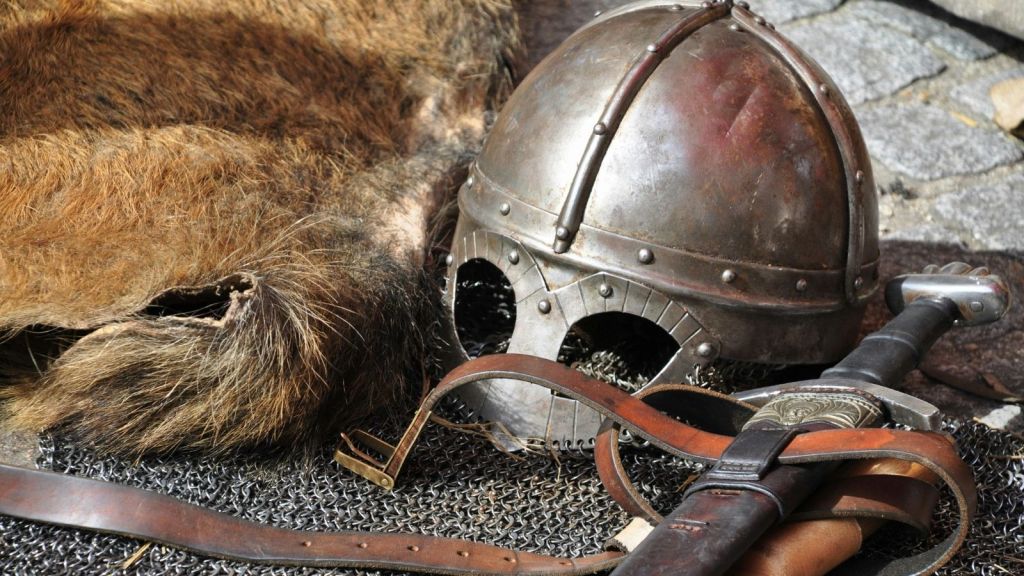 Chainmail and a medieval metal helmet