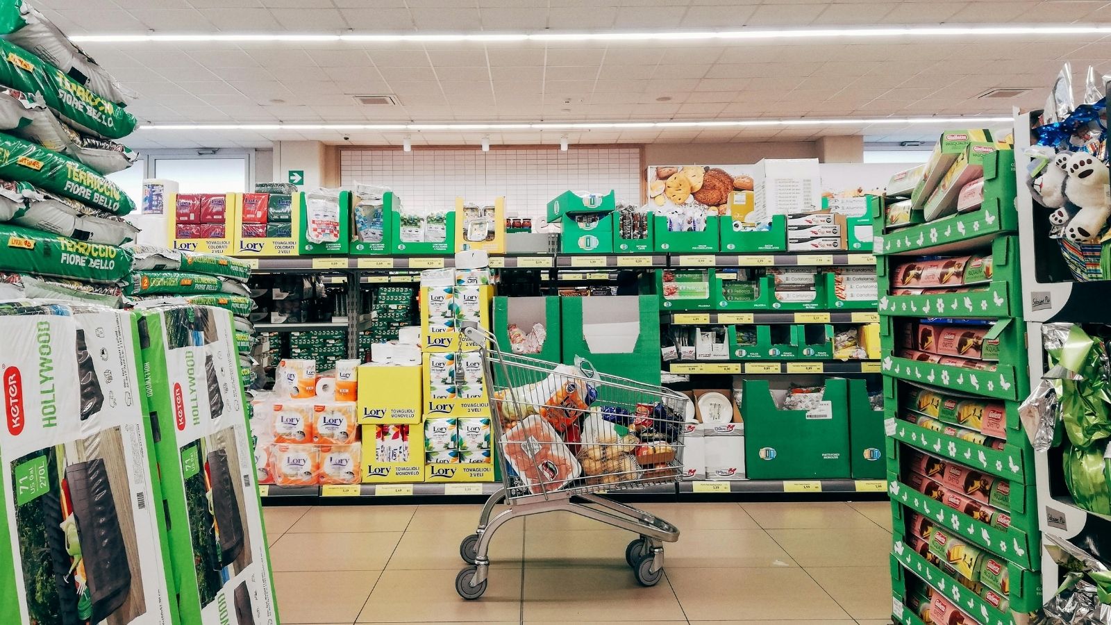 A grocery cart in a store
