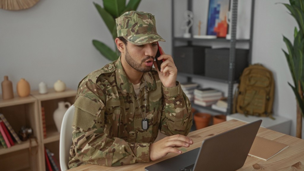 Military man on the phone