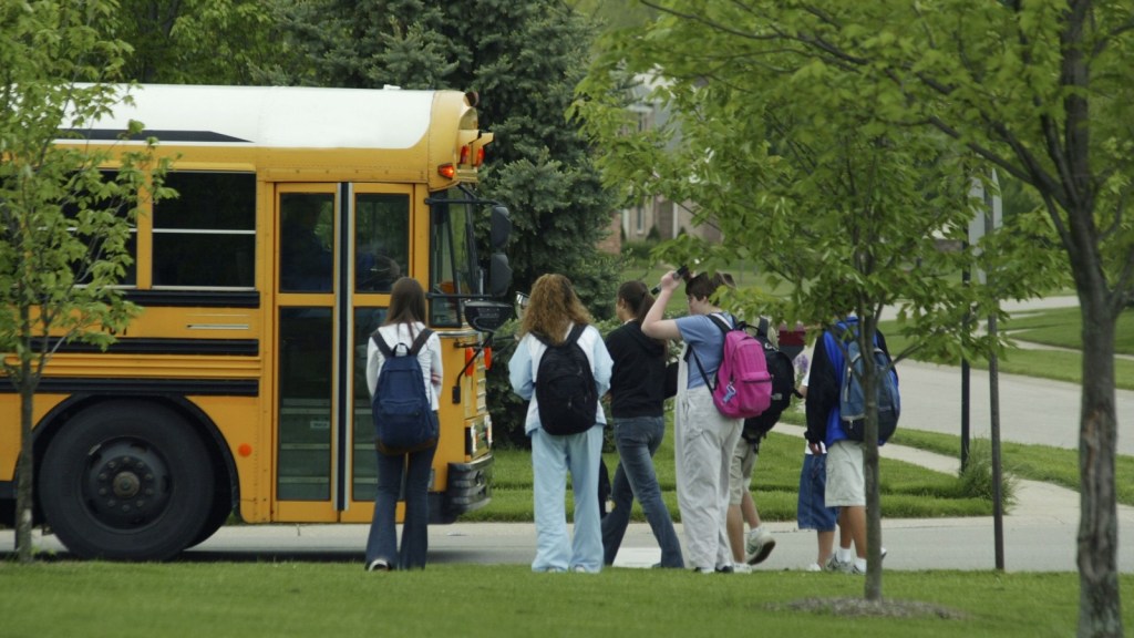Kids getting on a school bus