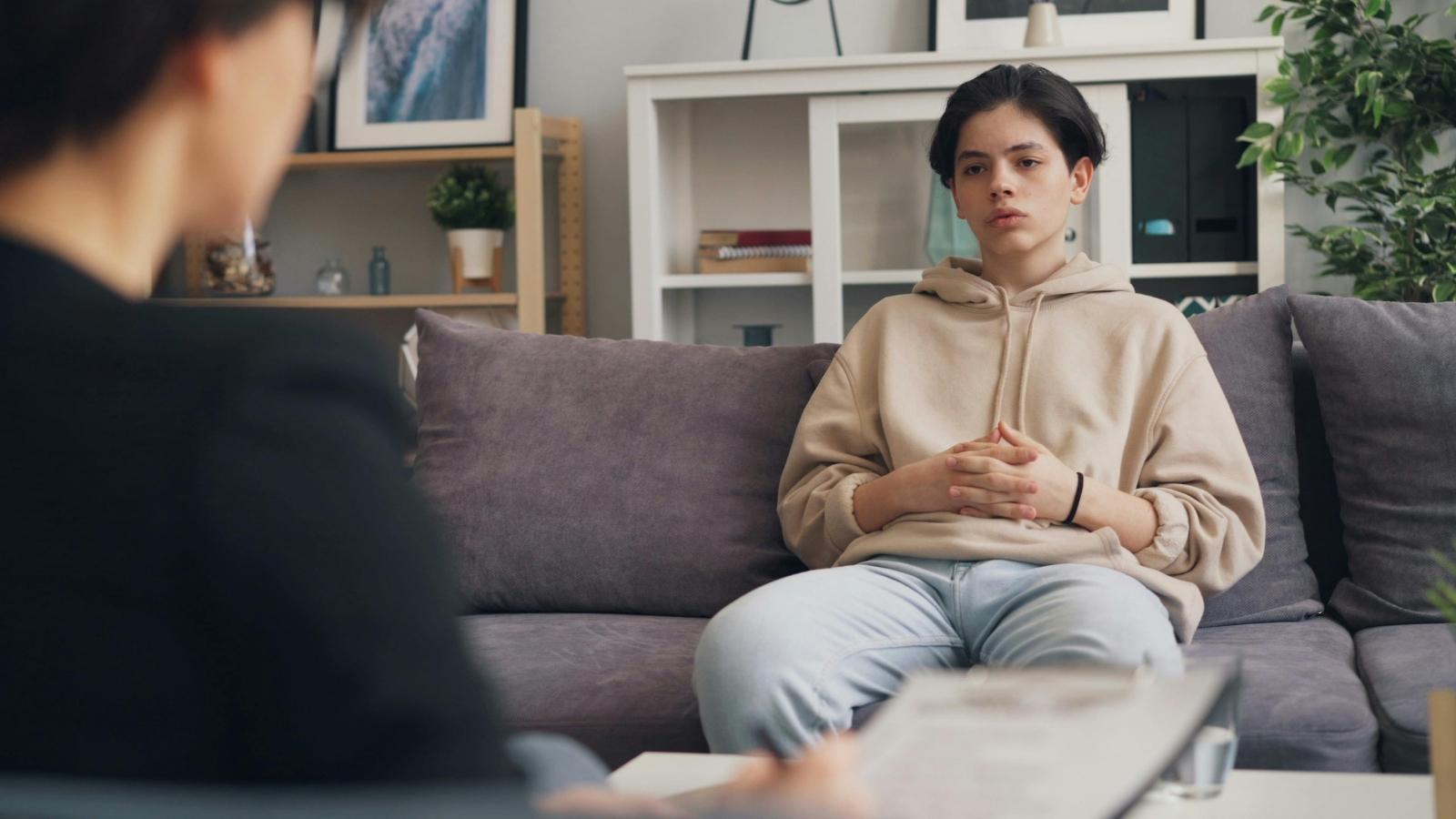 Teen boy sitting on a couch talking to this teacher